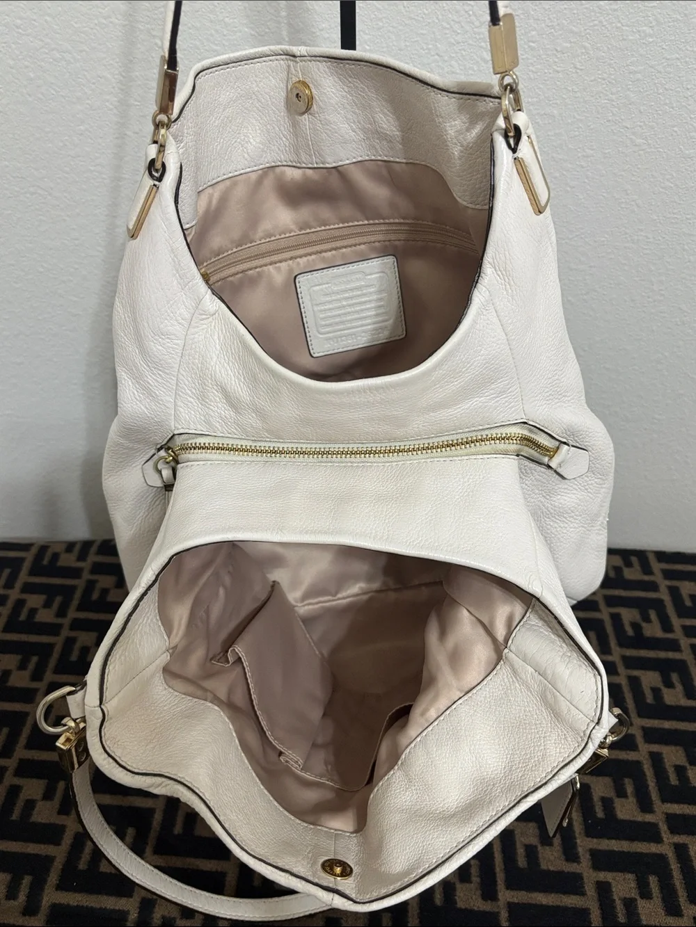 Coach White Pebbled Leather Shoulder Hobo with Gold Hardware